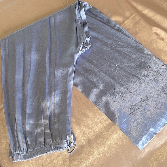 Vintage Judy Knapp Slate Blue Satin Pants Set Sheer Self Tie Halter Top Rayon LG - Picture 13 of 14